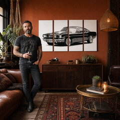 Dipinto a mano POP Art Ford Mustang 4 pezzi fm – quadro in un moderno interno maschile, visualizzazione lifestyle. Colori dominanti: nero, grigio, bianco.