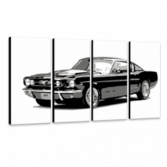 Dipinto a mano POP Art Ford Mustang 4 pezzi fm – Visualizzazione 3D del quadro dipinto a mano su sfondo bianco. Colori dominanti: nero, grigio, bianco.
