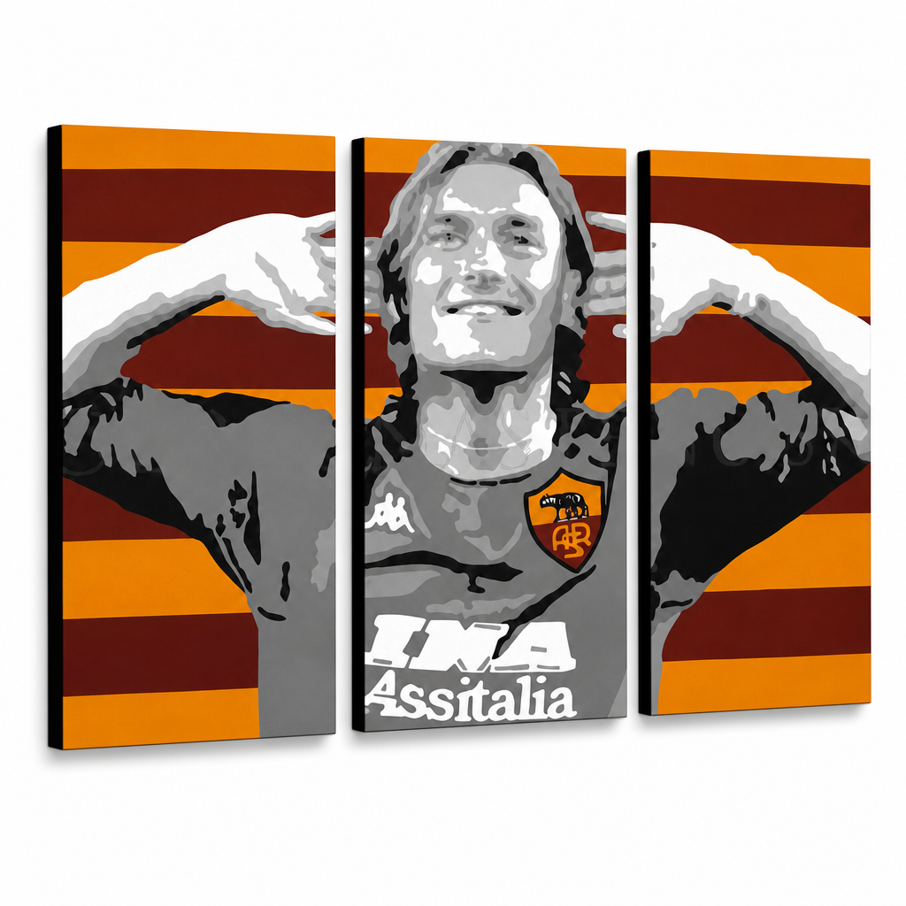 Dipinto a mano POP Art Francesco Totti 3 pezzi totali – Visualizzazione 3D del quadro dipinto a mano su sfondo bianco. Colori dominanti: rosso, arancione, grigio, nero, bianco.