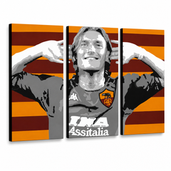 Dipinto a mano POP Art Francesco Totti 3 pezzi totali – Visualizzazione 3D del quadro dipinto a mano su sfondo bianco. Colori dominanti: rosso, arancione, grigio, nero, bianco.