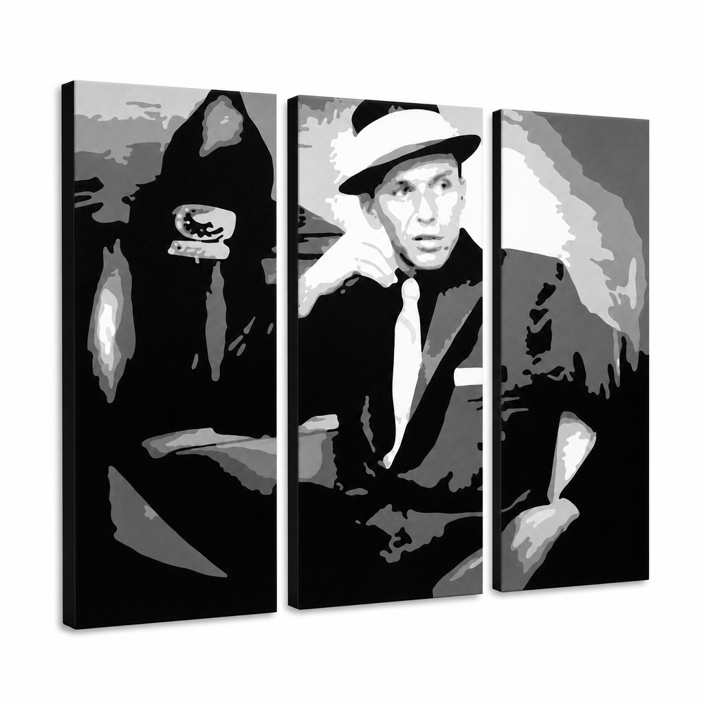 Dipinto a mano POP Art Frank Sinatra 3 pezzi sin – Visualizzazione 3D del quadro dipinto a mano su sfondo bianco. Colori dominanti: nero, bianco, grigio.