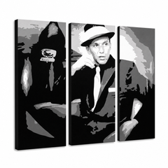 Dipinto a mano POP Art Frank Sinatra 3 pezzi sin – Visualizzazione 3D del quadro dipinto a mano su sfondo bianco. Colori dominanti: nero, bianco, grigio.