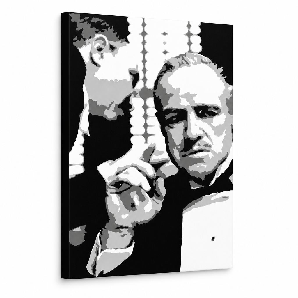 Dipinto a mano POP Art GODFATHER 1 pezzo gfoh – Visualizzazione 3D del quadro dipinto a mano su sfondo bianco. Colori dominanti: nero, bianco, grigio.
