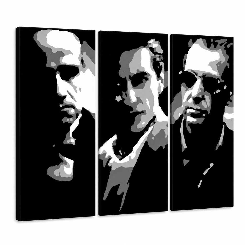Dipinto a mano POP Art GODFATHER 3 pezzi god2 – Visualizzazione 3D del quadro dipinto a mano su sfondo bianco. Colori dominanti: nero, bianco, grigio.