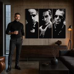 Dipinto a mano POP Art GODFATHER 3 pezzi god2 – quadro in un moderno interno maschile, visualizzazione lifestyle. Colori dominanti: nero, bianco, grigio.