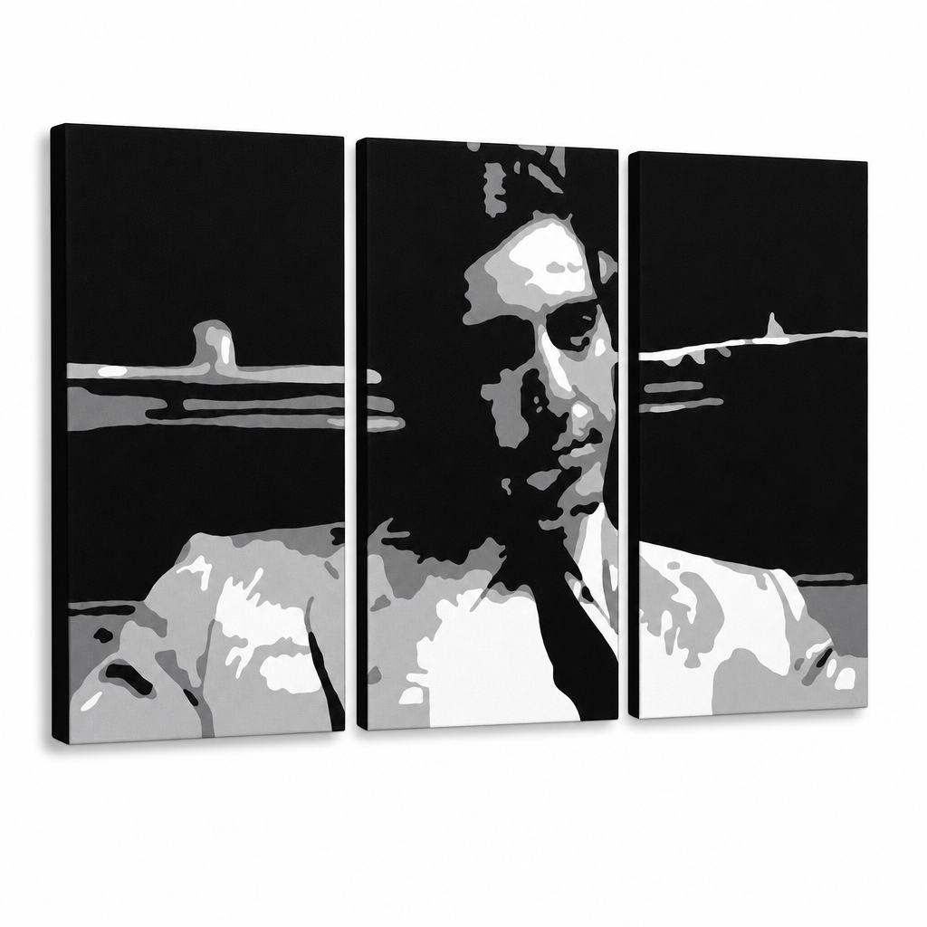 Dipinto a mano POP Art GODFATHER 3 pezzi god6 – Visualizzazione 3D del quadro dipinto a mano su sfondo bianco. Colori dominanti: nero, bianco, grigio.