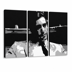 Dipinto a mano POP Art GODFATHER 3 pezzi god6 – Visualizzazione 3D del quadro dipinto a mano su sfondo bianco. Colori dominanti: nero, bianco, grigio.