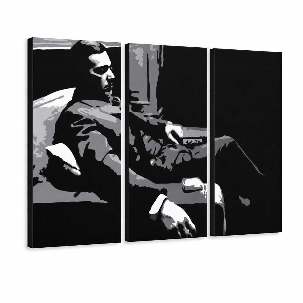 Dipinto a mano POP Art GODFATHER 3 pezzi god7 – Visualizzazione 3D del quadro dipinto a mano su sfondo bianco. Colori dominanti: nero, grigio, bianco.
