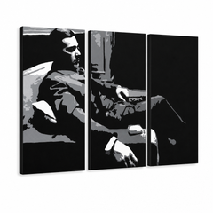 Dipinto a mano POP Art GODFATHER 3 pezzi god7 – Visualizzazione 3D del quadro dipinto a mano su sfondo bianco. Colori dominanti: nero, grigio, bianco.
