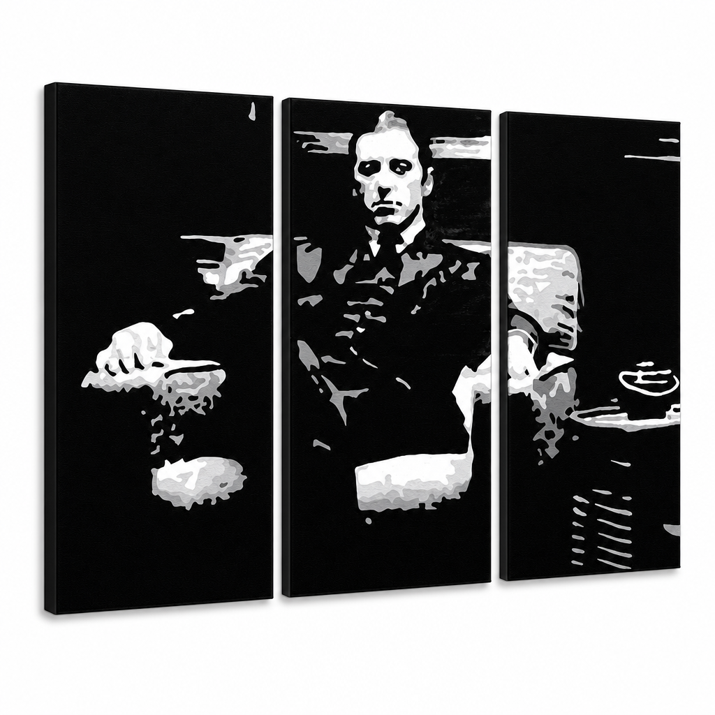 Dipinto a mano POP Art GODFATHER 3 pezzi god8 – Visualizzazione 3D del quadro dipinto a mano su sfondo bianco. Colori dominanti: nero, bianco, grigio.