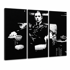 Dipinto a mano POP Art GODFATHER 3 pezzi god8 – Visualizzazione 3D del quadro dipinto a mano su sfondo bianco. Colori dominanti: nero, bianco, grigio.