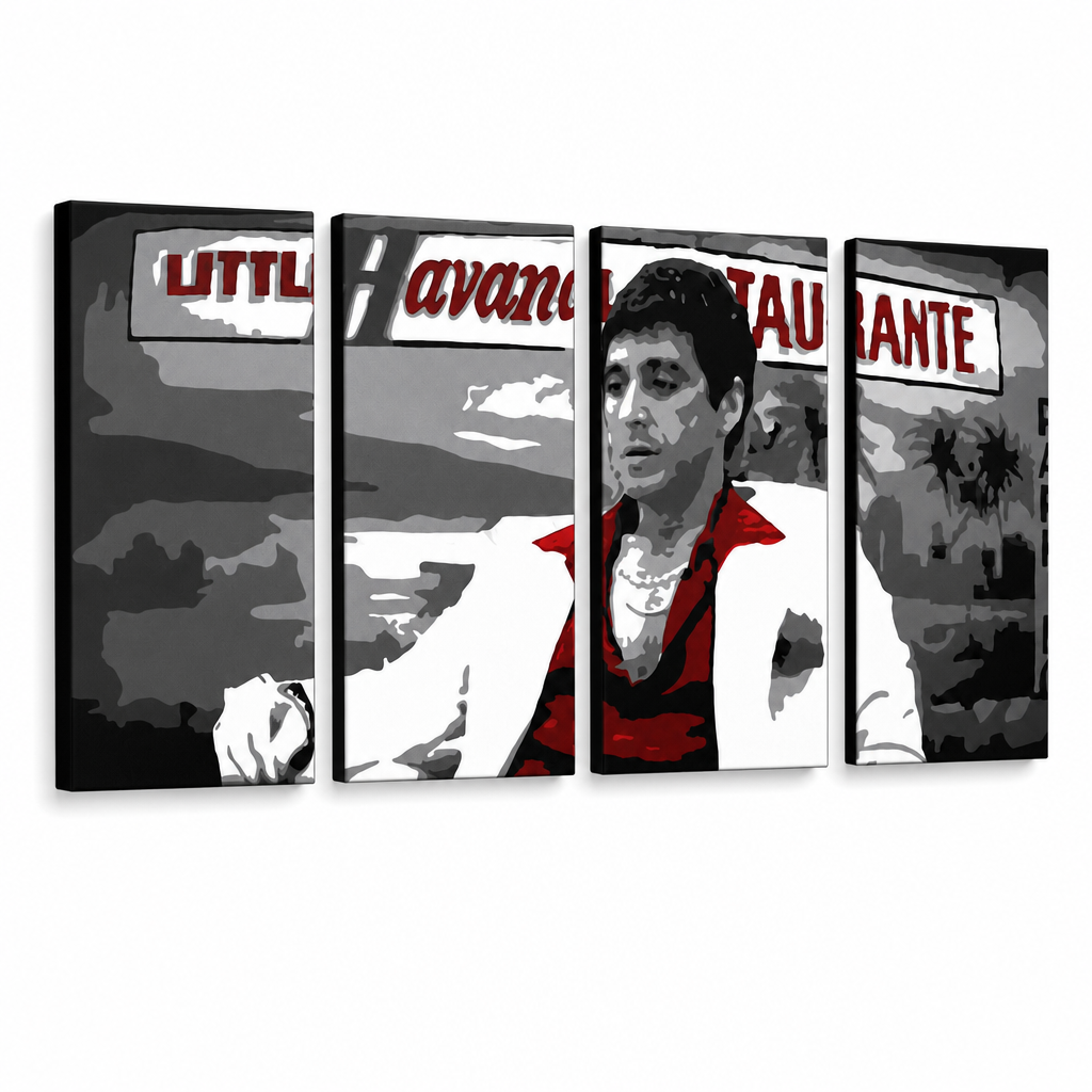 Dipinto a mano POP Art HAVANA - AL PACINO 4 pezzi al29 – Visualizzazione 3D del quadro dipinto a mano su sfondo bianco. Colori dominanti: nero, rosso, bianco, grigio, marrone.