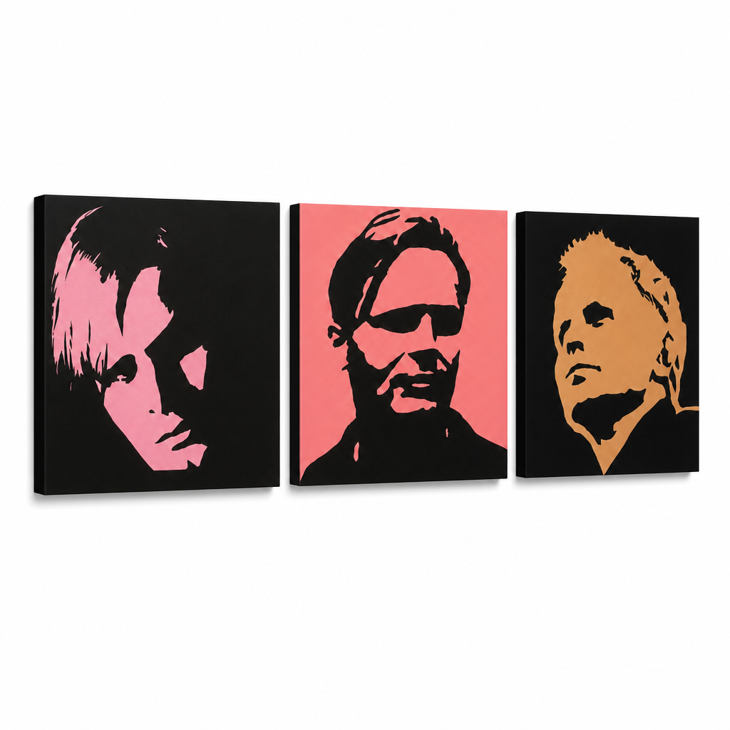 Dipinto a mano POP Art Herbert Grônemeyer 3 pezzi hg – Visualizzazione 3D del quadro dipinto a mano su sfondo bianco. Colori dominanti: nero, rosa, arancione.