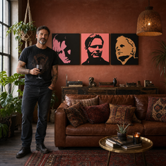 Dipinto a mano POP Art Herbert Grônemeyer 3 pezzi hg – quadro in un moderno interno maschile, visualizzazione lifestyle. Colori dominanti: nero, rosa, arancione.