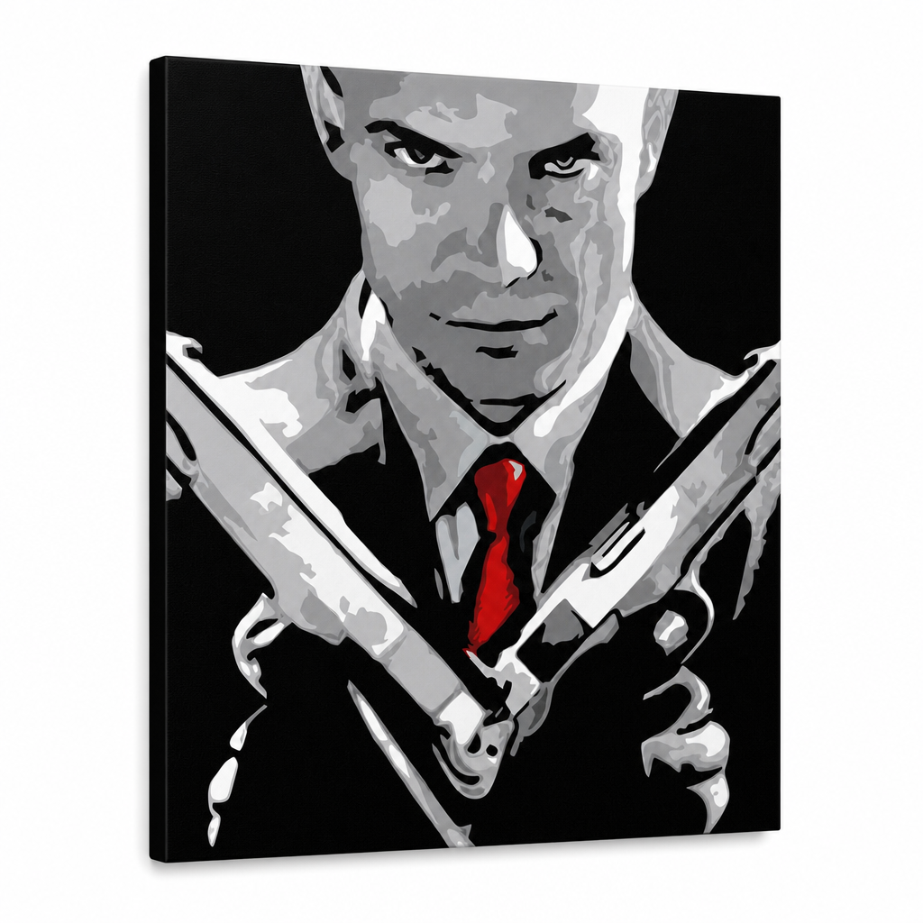 Dipinto a mano POP Art HITMAN 1 parte hit2 – Visualizzazione 3D del quadro dipinto a mano su sfondo bianco. Colori dominanti: nero, bianco, rosso, grigio, marrone.