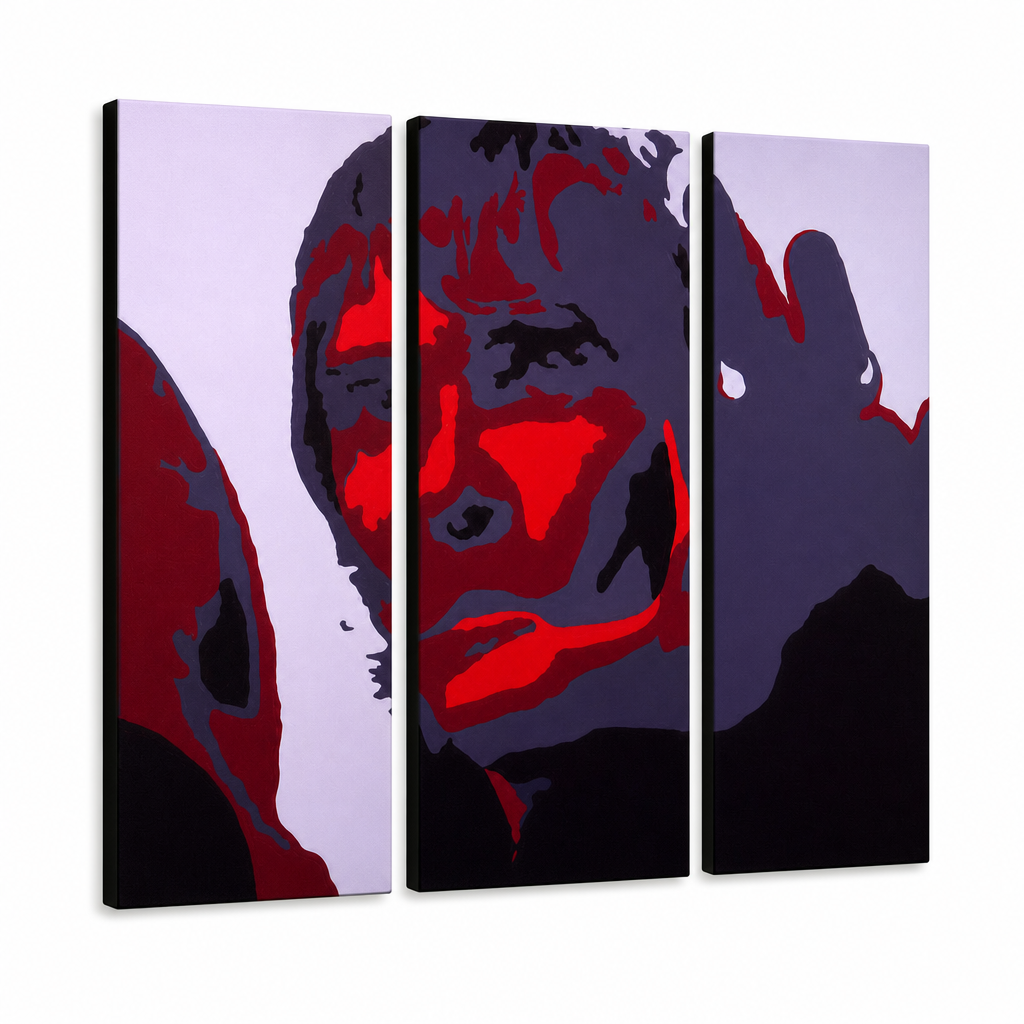 Dipinto a mano POP Art Ian Brown 3 pezzi ib – Visualizzazione 3D del quadro dipinto a mano su sfondo bianco. Colori dominanti: nero, rosso, grigio.