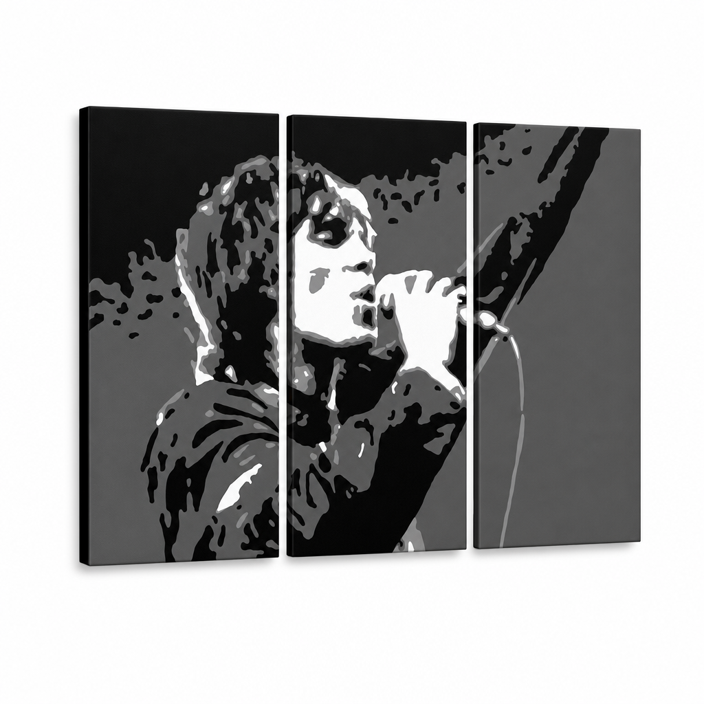 Dipinto a mano POP Art Ian Brown 3 pezzi ib2 – Visualizzazione 3D del quadro dipinto a mano su sfondo bianco. Colori dominanti: nero, bianco, grigio.