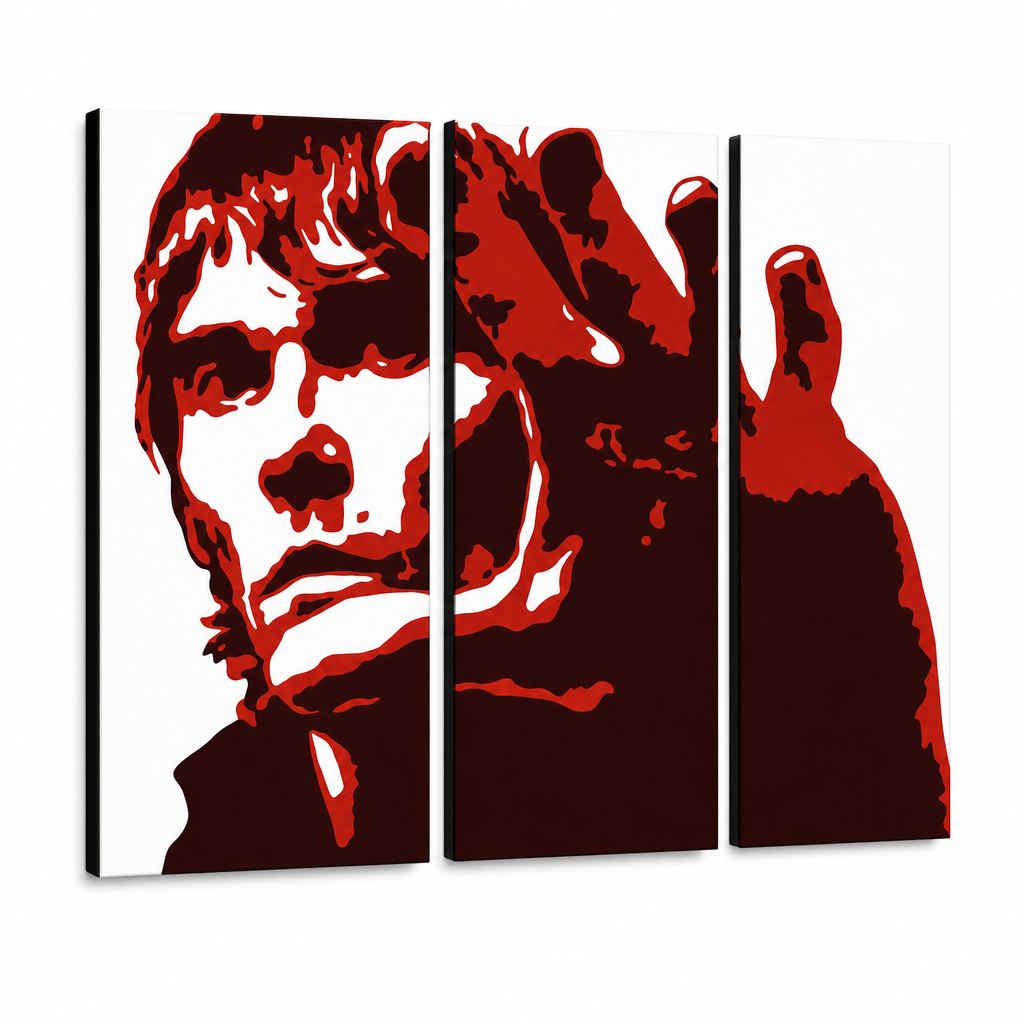 Dipinto a mano POP Art Ian Brown 3 pezzi ib3 – Visualizzazione 3D del quadro dipinto a mano su sfondo bianco. Colori dominanti: rosso, nero, bianco.
