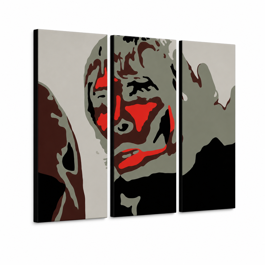 Dipinto a mano POP Art Ian Brown 3 pezzi ibb – Visualizzazione 3D del quadro dipinto a mano su sfondo bianco. Colori dominanti: nero, rosso, grigio, marrone, bianco.