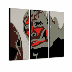 Dipinto a mano POP Art Ian Brown 3 pezzi ibb – Visualizzazione 3D del quadro dipinto a mano su sfondo bianco. Colori dominanti: nero, rosso, grigio, marrone, bianco.