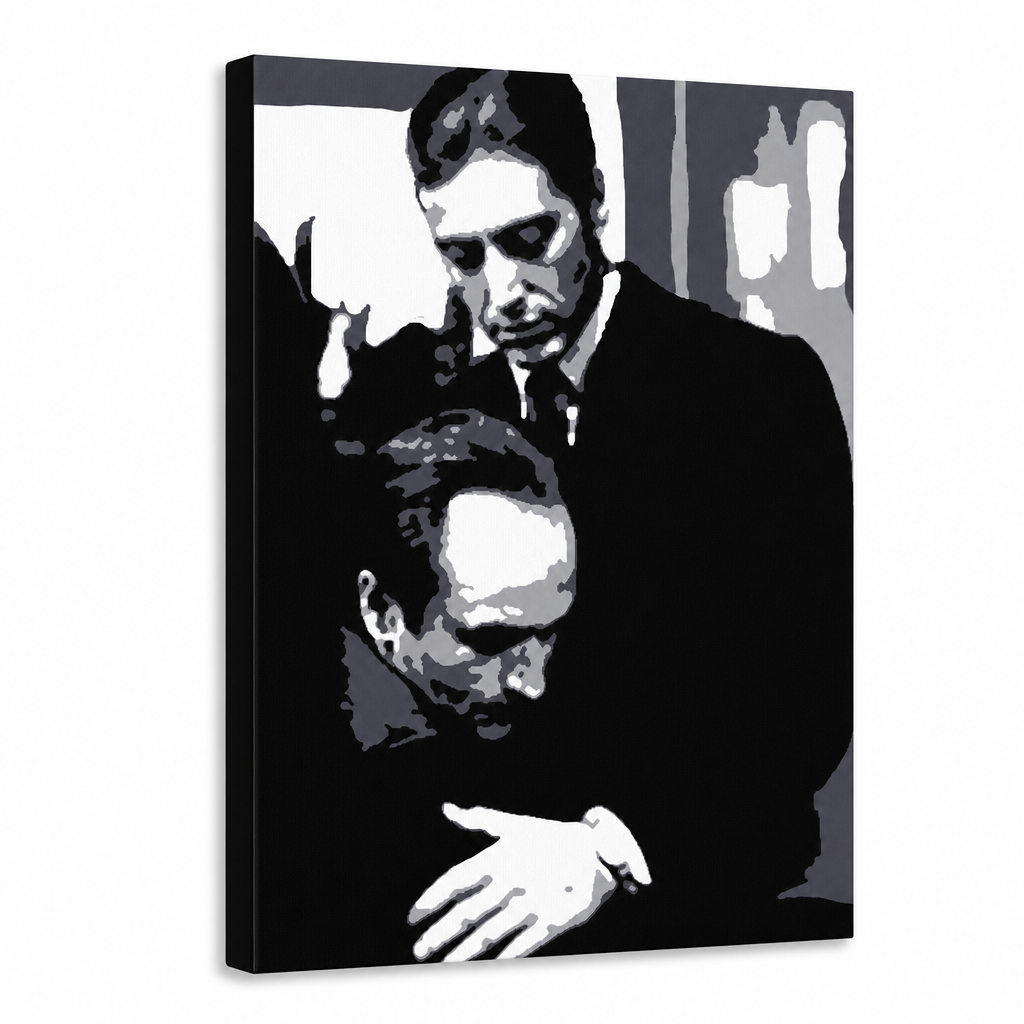 Dipinto a mano POP Art Il Padrino 1 pezzo god5 – Visualizzazione 3D del quadro dipinto a mano su sfondo bianco. Colori dominanti: nero, bianco, grigio.