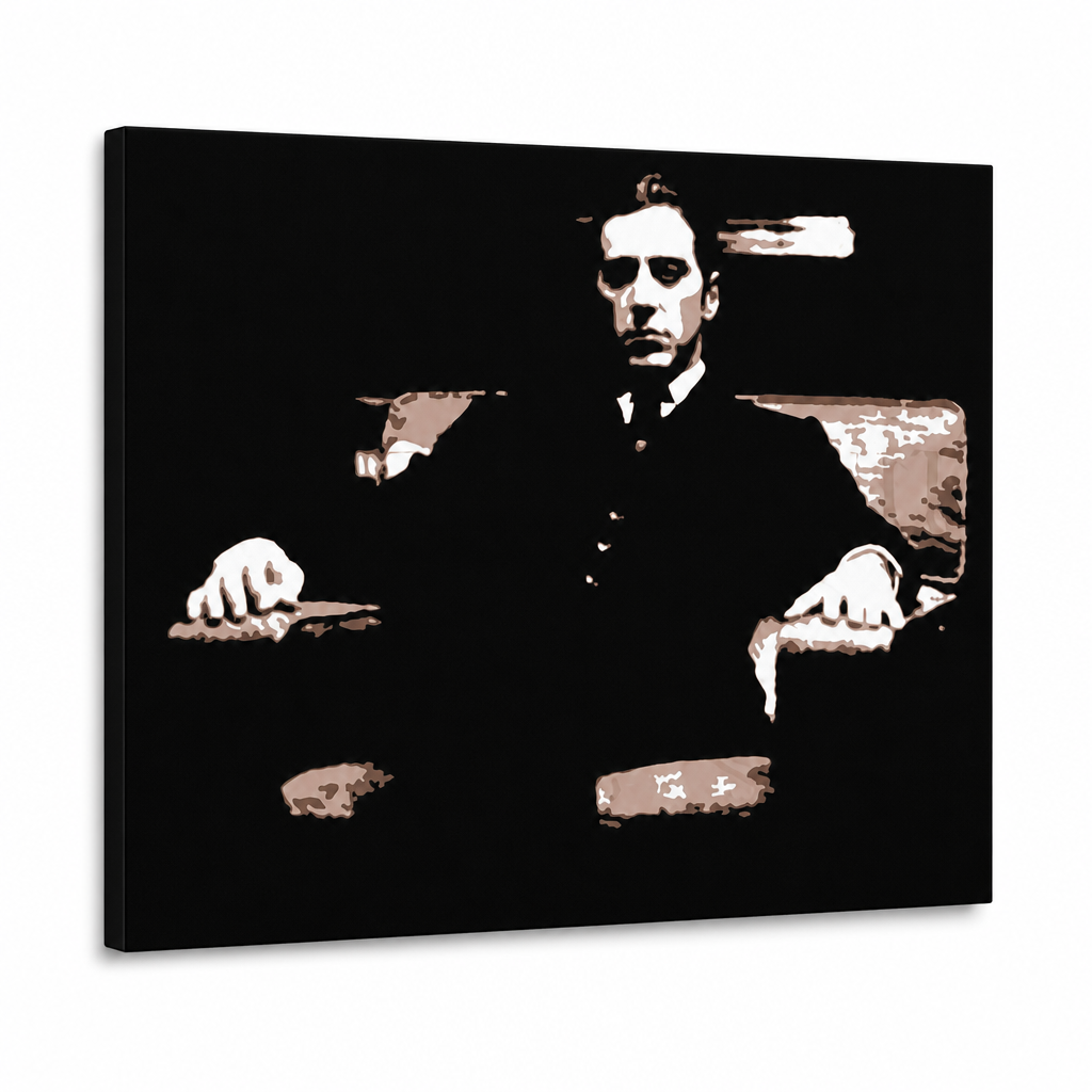 Dipinto a mano POP Art Il Padrino 1 pezzo god9 – Visualizzazione 3D del quadro dipinto a mano su sfondo bianco. Colori dominanti: nero, marrone, bianco.