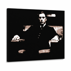 Dipinto a mano POP Art Il Padrino 1 pezzo god9 – Visualizzazione 3D del quadro dipinto a mano su sfondo bianco. Colori dominanti: nero, marrone, bianco.
