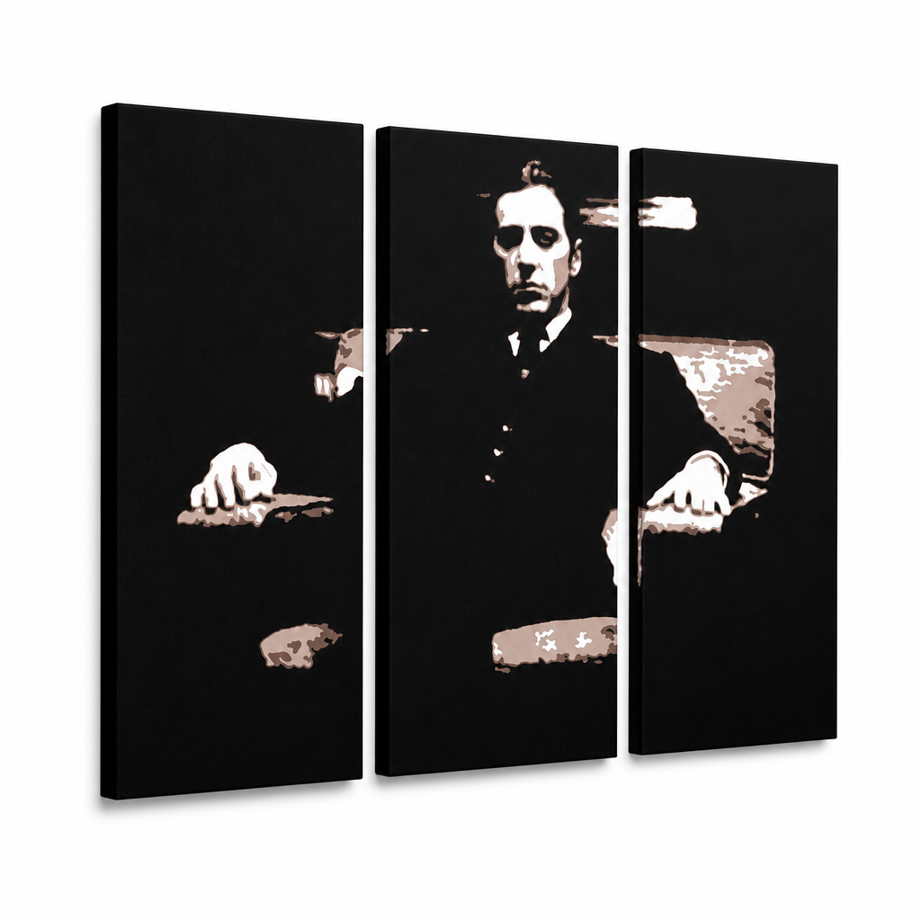 Dipinto a mano POP Art Il Padrino 3 pezzi god10 – Visualizzazione 3D del quadro dipinto a mano su sfondo bianco. Colori dominanti: nero, marrone, beige.
