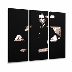 Dipinto a mano POP Art Il Padrino 3 pezzi god10 – Visualizzazione 3D del quadro dipinto a mano su sfondo bianco. Colori dominanti: nero, marrone, beige.