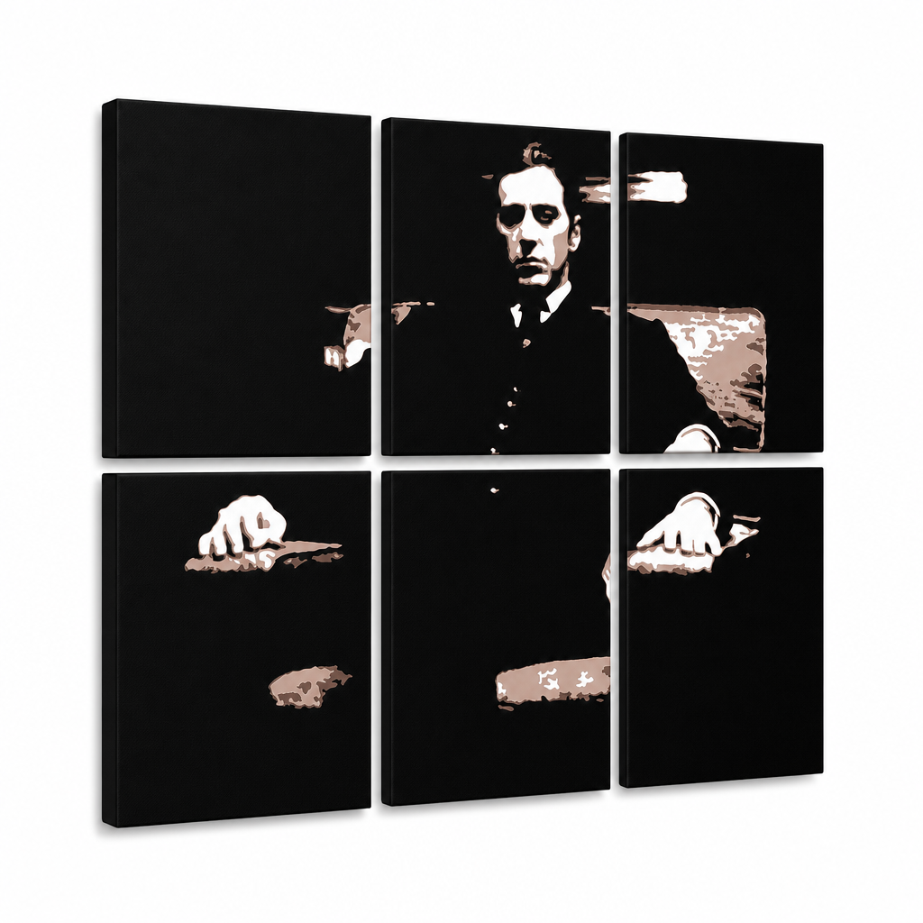 Dipinto a mano POP Art Il Padrino 6 pezzi god11 – Visualizzazione 3D del quadro dipinto a mano su sfondo bianco. Colori dominanti: nero, marrone, bianco.