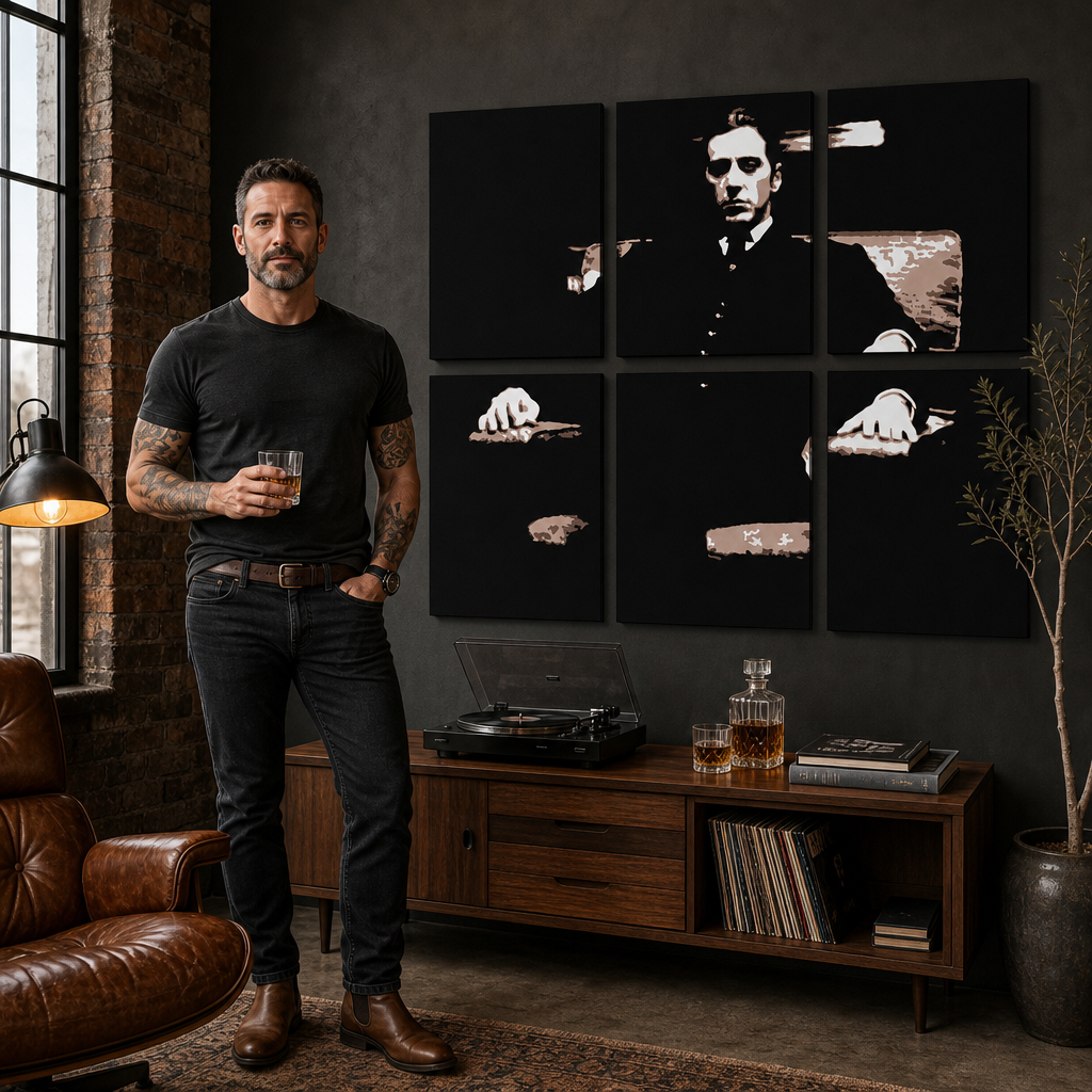 Dipinto a mano POP Art Il Padrino 6 pezzi god11 – quadro in un moderno interno maschile, visualizzazione lifestyle. Colori dominanti: nero, marrone, bianco.