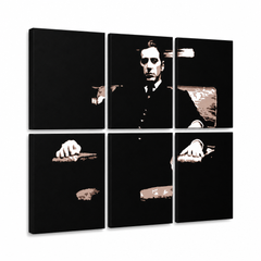 Dipinto a mano POP Art Il Padrino 6 pezzi god11 – Visualizzazione 3D del quadro dipinto a mano su sfondo bianco. Colori dominanti: nero, marrone, bianco.