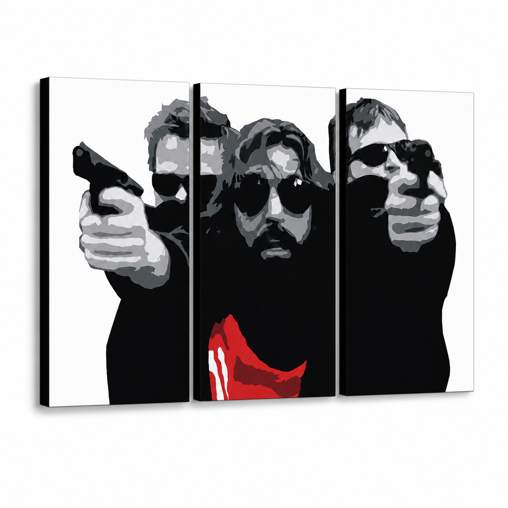 Dipinto a mano POP Art Il santo bondock 3 pezzi tbs – Visualizzazione 3D del quadro dipinto a mano su sfondo bianco. Colori dominanti: nero, bianco, rosso.