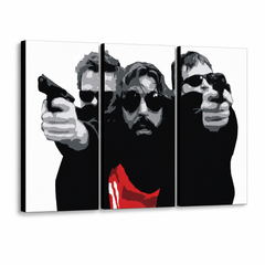 Dipinto a mano POP Art Il santo bondock 3 pezzi tbs – Visualizzazione 3D del quadro dipinto a mano su sfondo bianco. Colori dominanti: nero, bianco, rosso.