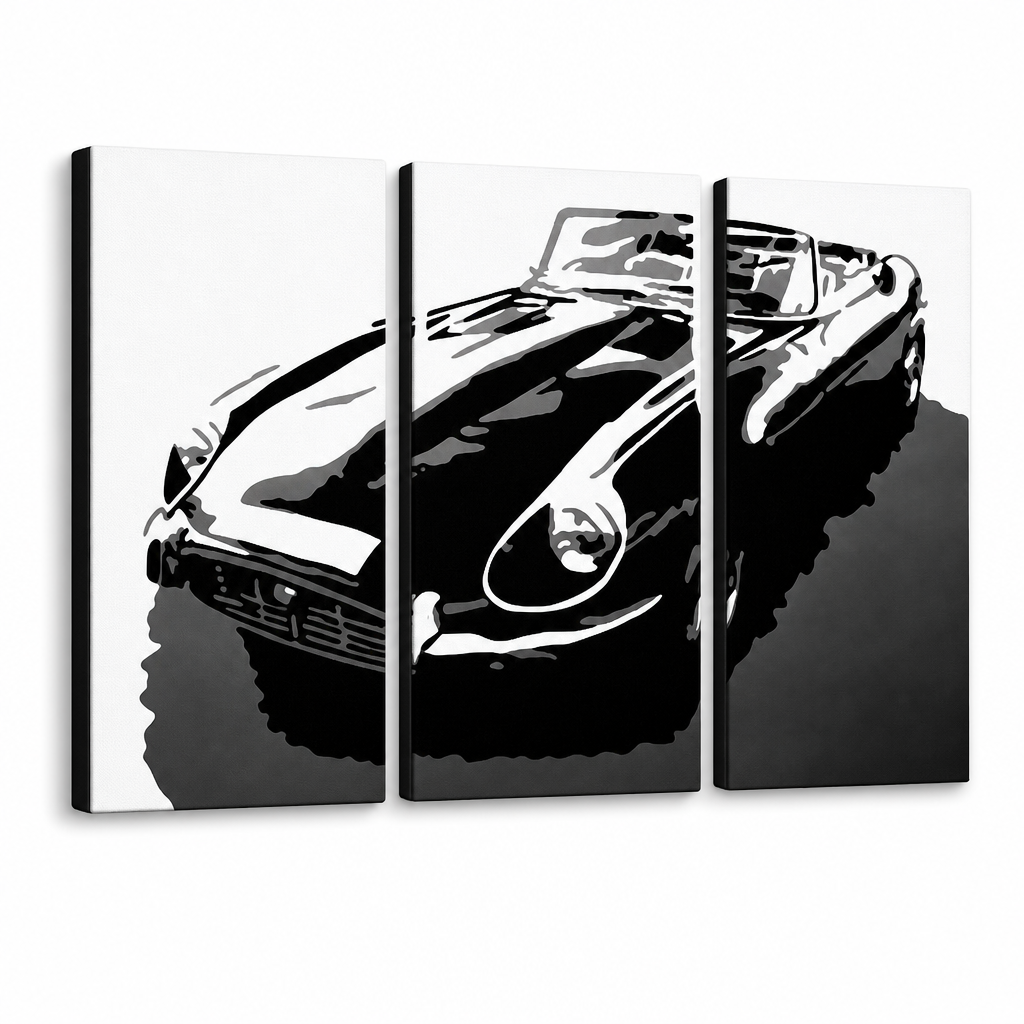 Dipinto a mano POP Art JAGUAR 3 pezzi jag – Visualizzazione 3D del quadro dipinto a mano su sfondo bianco. Colori dominanti: nero, bianco, grigio.