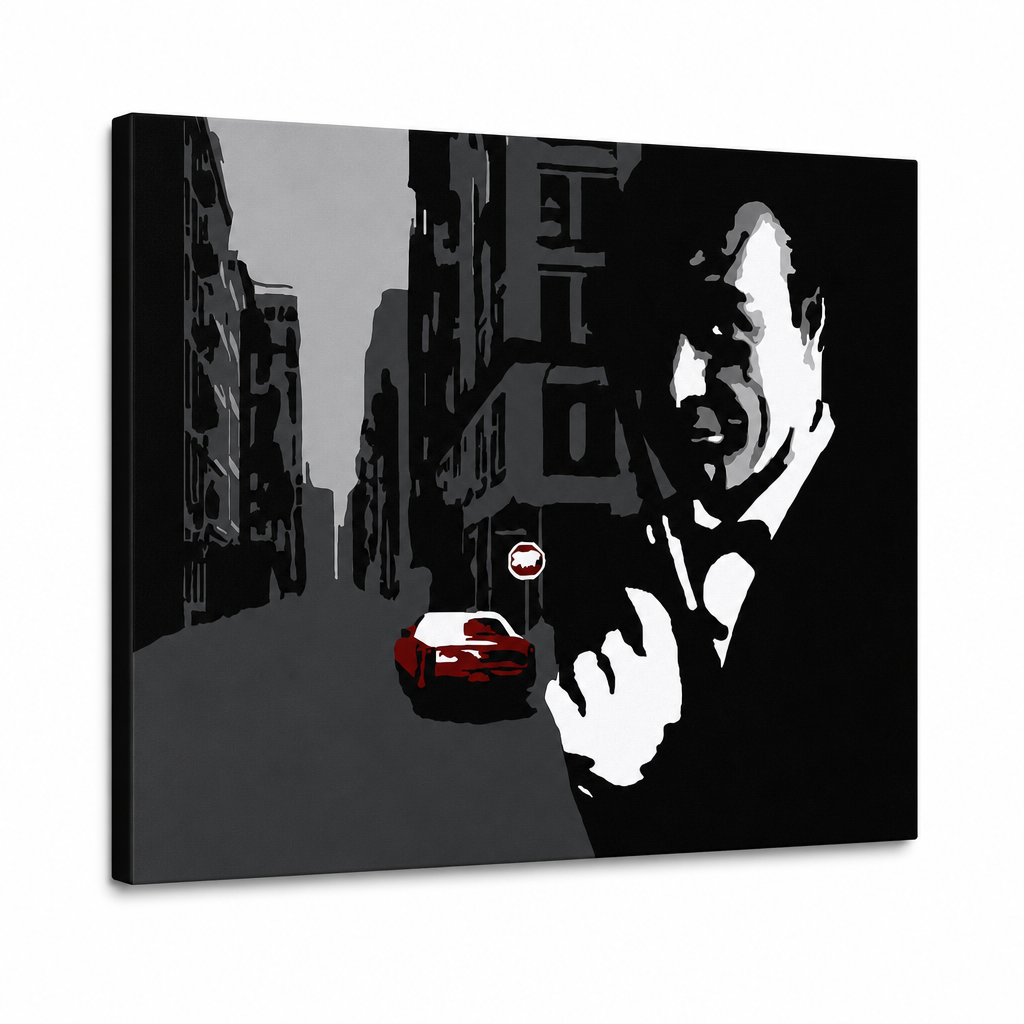 Dipinto a mano POP Art James Bond 1 parte bond3 – Visualizzazione 3D del quadro dipinto a mano su sfondo bianco. Colori dominanti: nero, grigio, rosso.