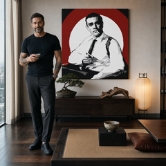 Dipinto a mano POP Art James Bond 1 parte bond4 – quadro in un moderno interno maschile, visualizzazione lifestyle. Colori dominanti: nero, bianco, rosso.