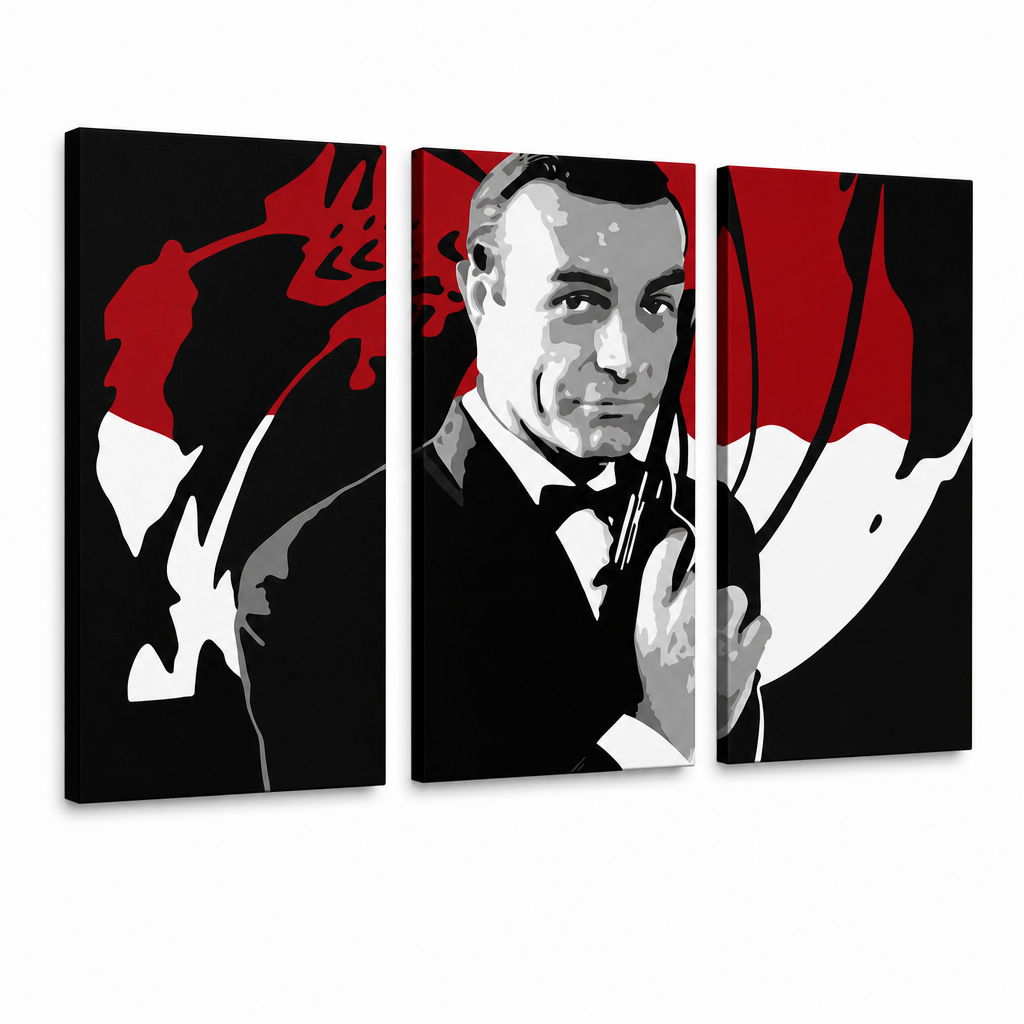 Dipinto a mano POP Art James Bond 3 parti bond2 – Visualizzazione 3D del quadro dipinto a mano su sfondo bianco. Colori dominanti: nero, rosso, bianco.