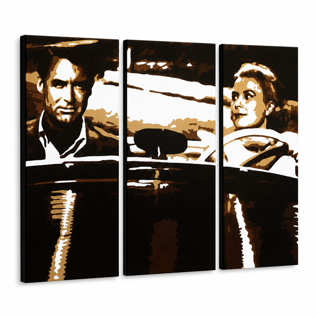 Dipinto a mano POP Art James Bond 3 pezzi bond1 – Visualizzazione 3D del quadro dipinto a mano su sfondo bianco. Colori dominanti: nero, marrone, bianco.