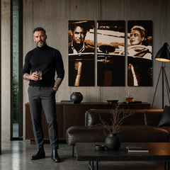 Dipinto a mano POP Art James Bond 3 pezzi bond1 – quadro in un moderno interno maschile, visualizzazione lifestyle. Colori dominanti: nero, marrone, bianco.