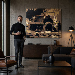 Dipinto a mano POP Art JEEP 1 pezzo jeep – quadro in un moderno interno maschile, visualizzazione lifestyle. Colori dominanti: marrone, nero, beige, oro.
