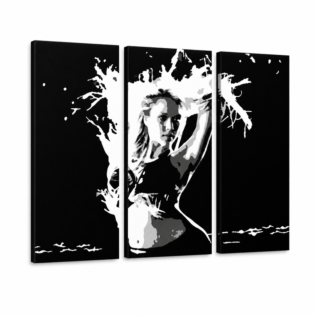Dipinto a mano POP Art Jessica Alba 3 pezzi self – Visualizzazione 3D del quadro dipinto a mano su sfondo bianco. Colori dominanti: nero, bianco.