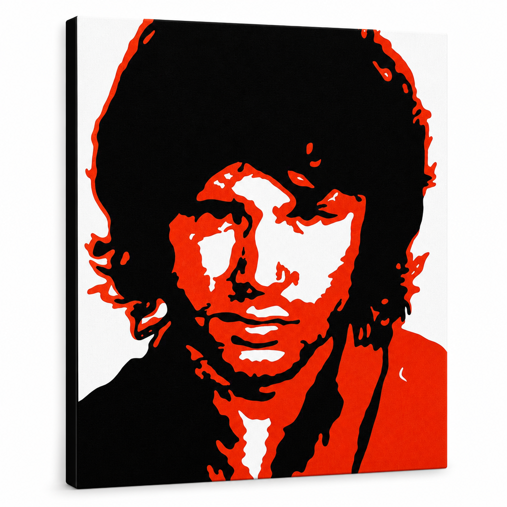 Dipinto a mano POP Art Jim Morrison 1 pezzo jm2 – Visualizzazione 3D del quadro dipinto a mano su sfondo bianco. Colori dominanti: nero, rosso, bianco.