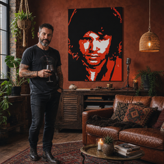 Dipinto a mano POP Art Jim Morrison 1 pezzo jm2 – quadro in un moderno interno maschile, visualizzazione lifestyle. Colori dominanti: nero, rosso, bianco.