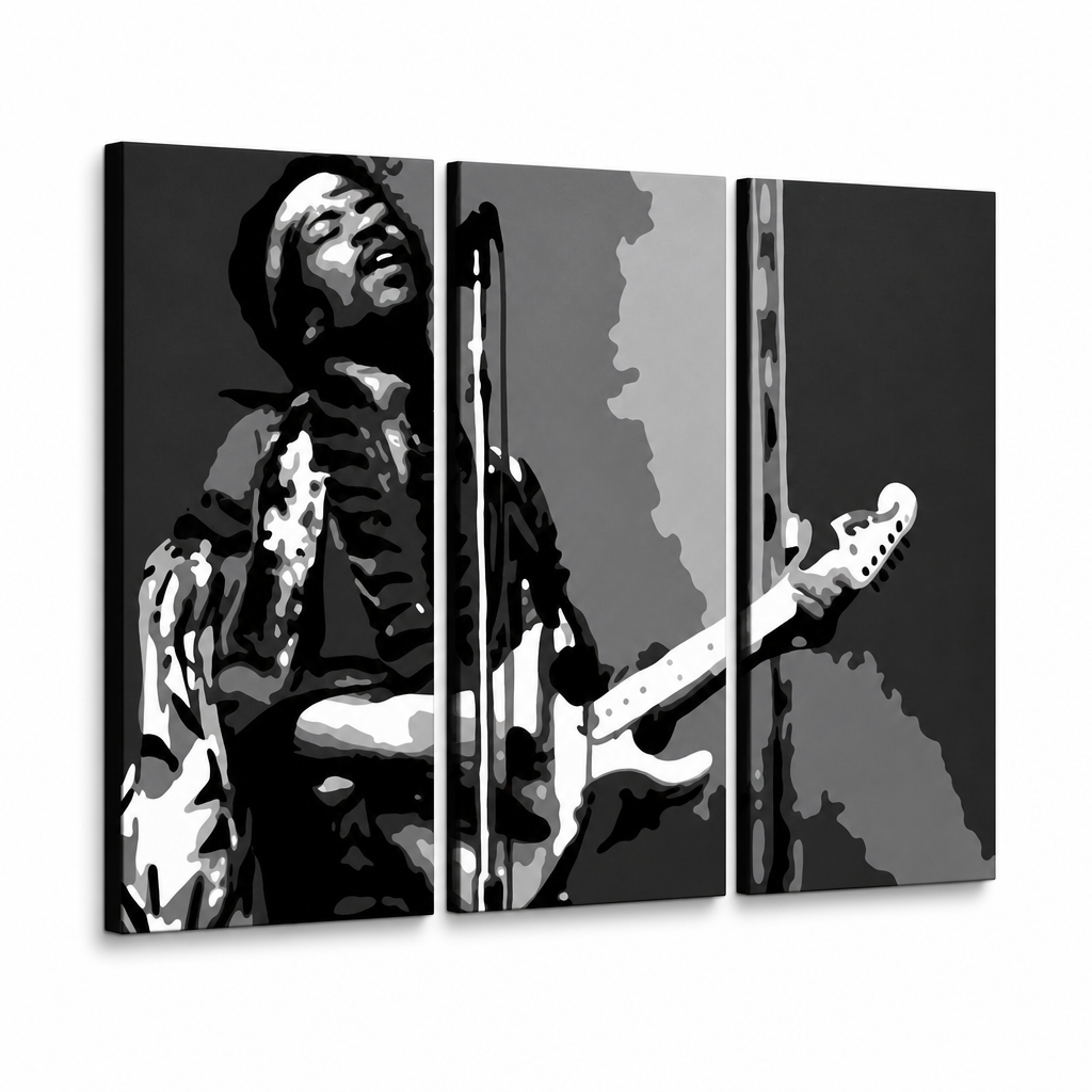 Dipinto a mano POP Art Jimmy Hendrix 3 pezzi jh – Visualizzazione 3D del quadro dipinto a mano su sfondo bianco. Colori dominanti: nero, bianco, grigio.
