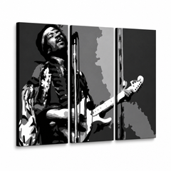 Dipinto a mano POP Art Jimmy Hendrix 3 pezzi jh – Visualizzazione 3D del quadro dipinto a mano su sfondo bianco. Colori dominanti: nero, bianco, grigio.