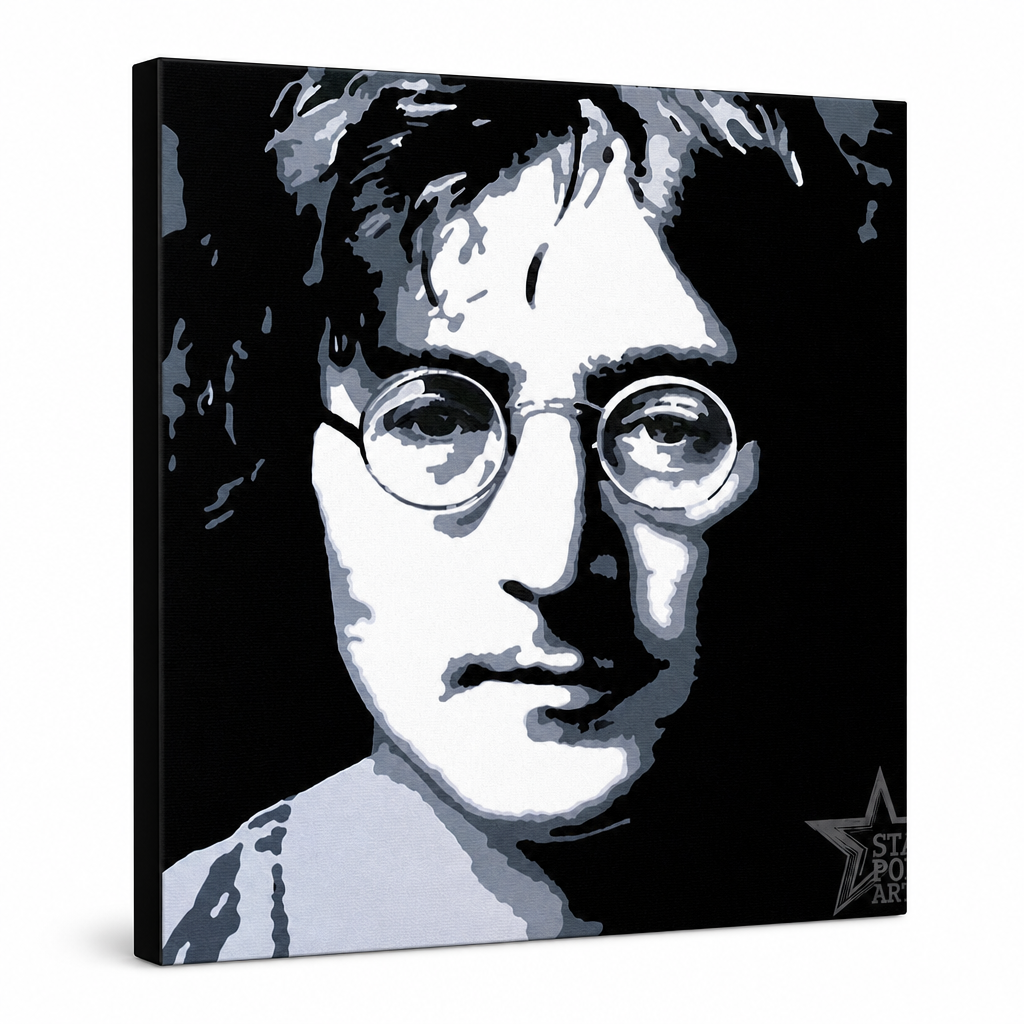 Dipinto a mano POP Art John Lennon 1 pezzo jl – Visualizzazione 3D del quadro dipinto a mano su sfondo bianco. Colori dominanti: nero, bianco, grigio.
