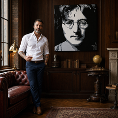 Dipinto a mano POP Art John Lennon 1 pezzo jl – quadro in un moderno interno maschile, visualizzazione lifestyle. Colori dominanti: nero, bianco, grigio.