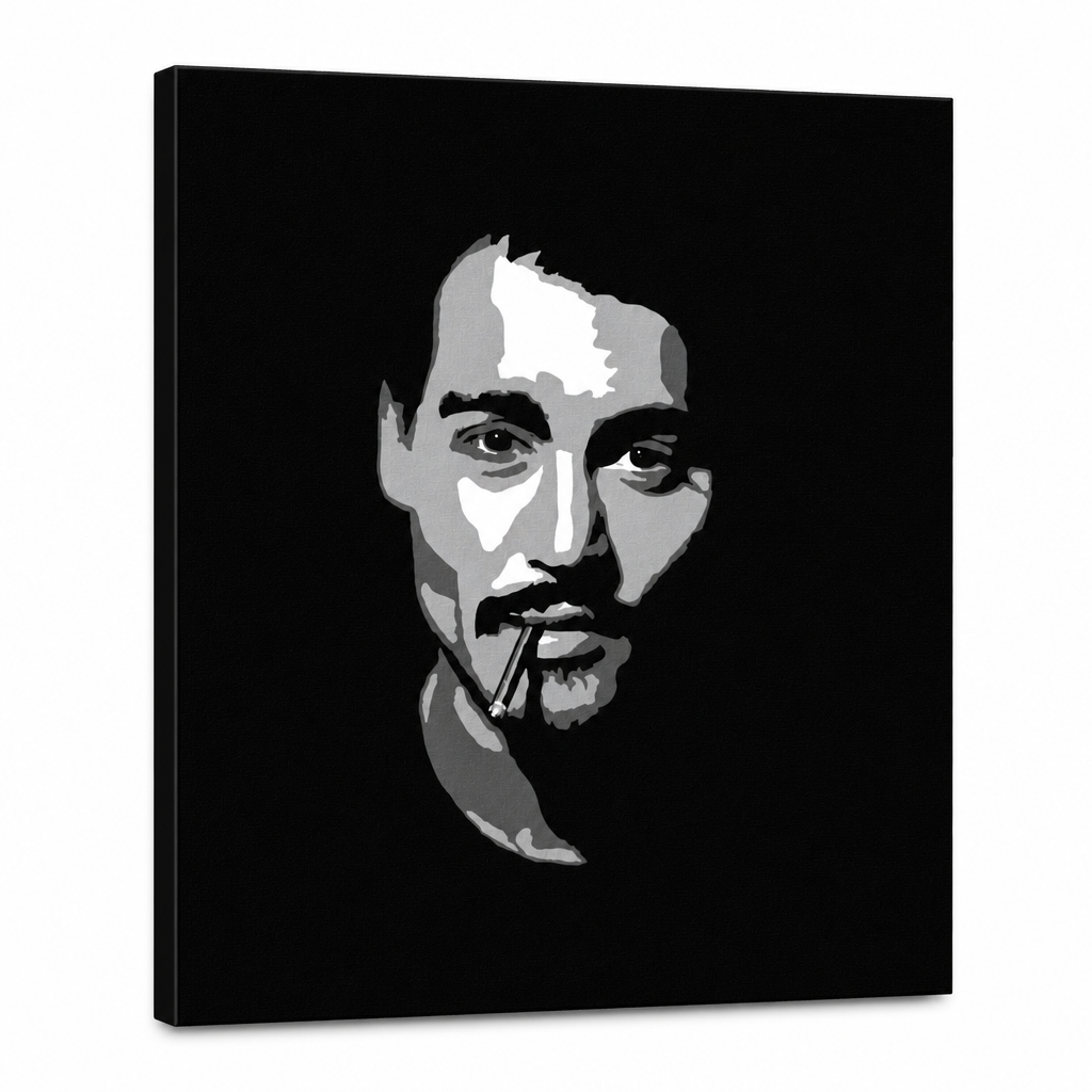 Dipinto a mano POP Art Johnny Depp1 parte jd2 – Visualizzazione 3D del quadro dipinto a mano su sfondo bianco. Colori dominanti: nero, bianco, grigio.