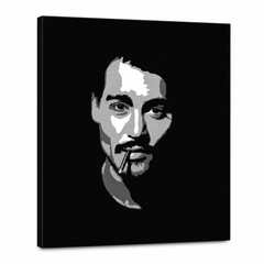 Dipinto a mano POP Art Johnny Depp1 parte jd2 – Visualizzazione 3D del quadro dipinto a mano su sfondo bianco. Colori dominanti: nero, bianco, grigio.